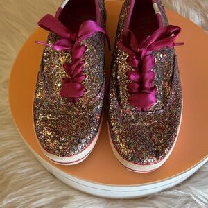Kate Spade Keds Vintage Glitter Sneakers with Pink Satin Laces US 7.5